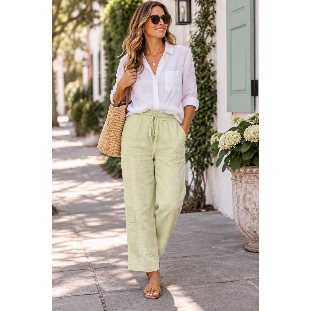 J. Jill Love Linen Pants Women S Petite Green Drawstring Straight Leg 100% Linen